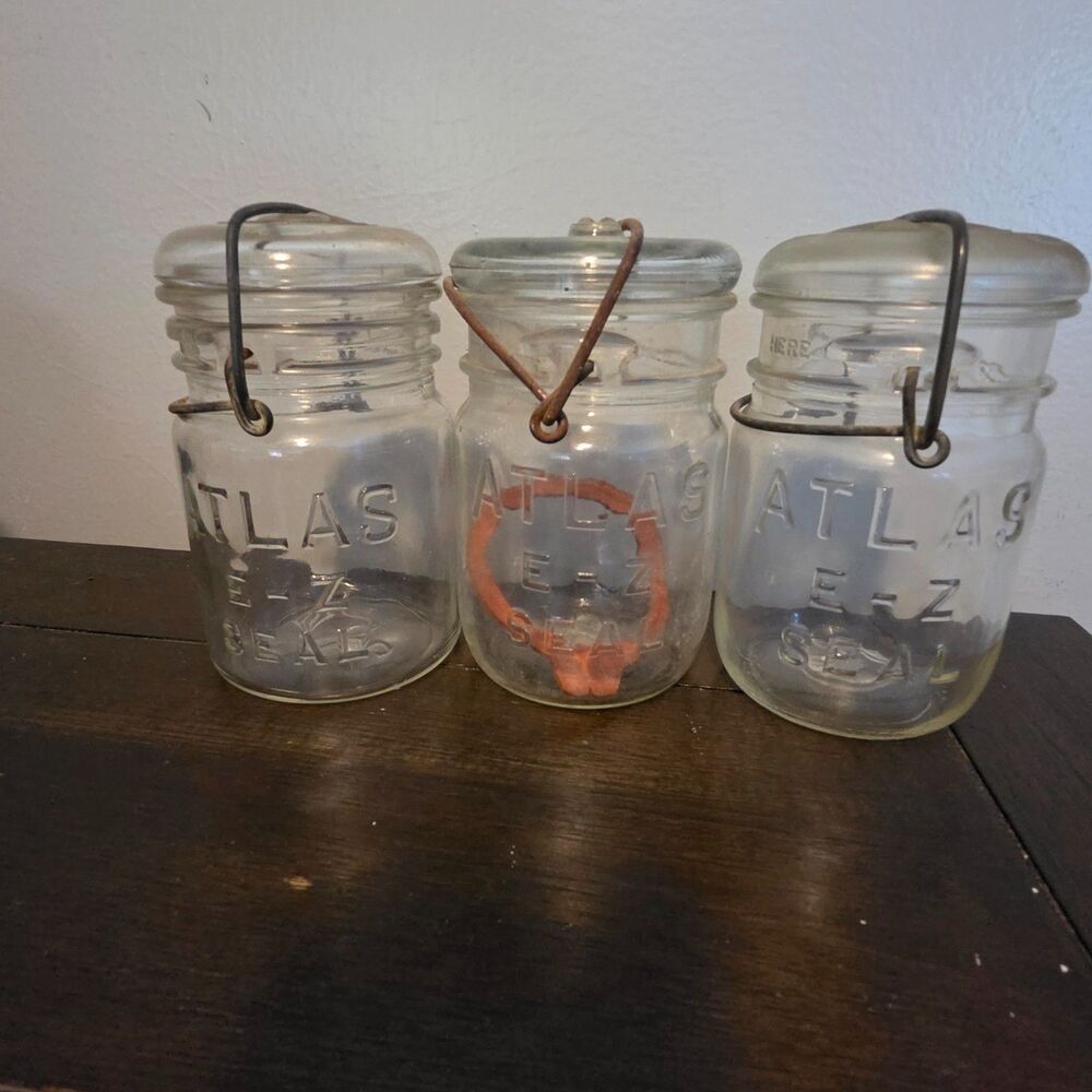 Vintage Atlas E-Z Seal Clear Pint Canning Jars Set of 3 Wire Bail Glass Lids